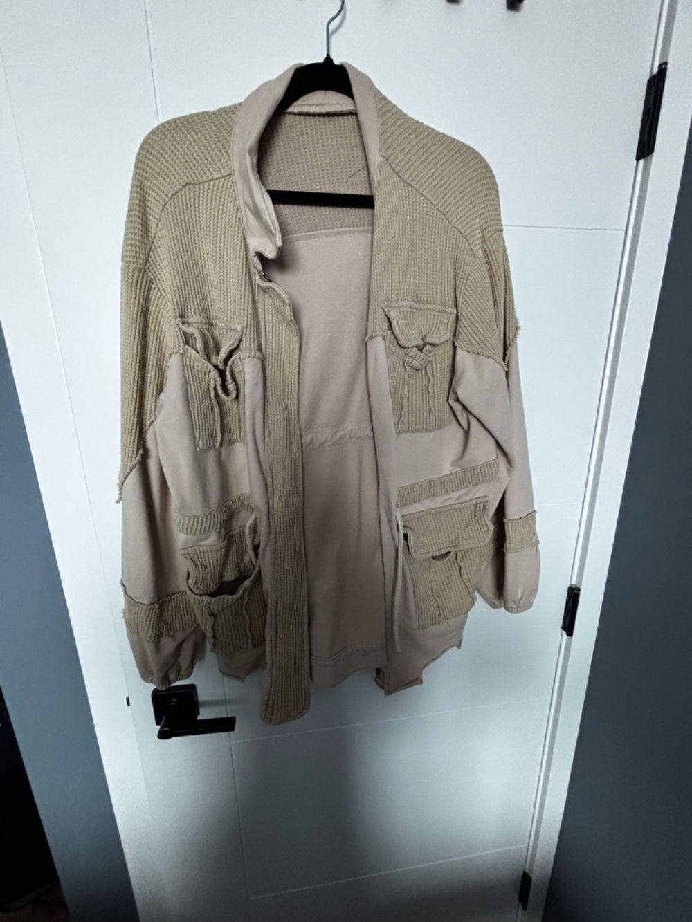 POL Beige Patchwork Utility Cardigan
